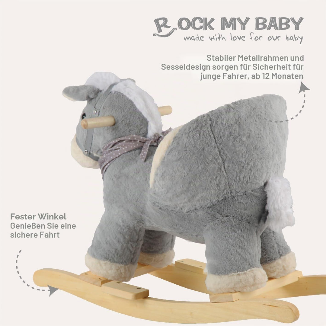 Plüsch Rocking Horse - weicher gefüllter Körper, Sicherheitssitz Stuhl, Holz Rockers, Musikknopf - K