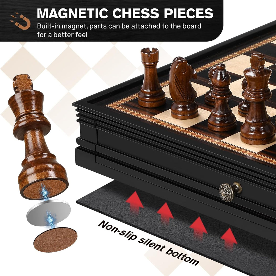 Peradix Schach Dame Spiel 2 in 1 Magnetisch Schachspiel aus Holz, 38 cm Schachbrett mit Aufbewahrung