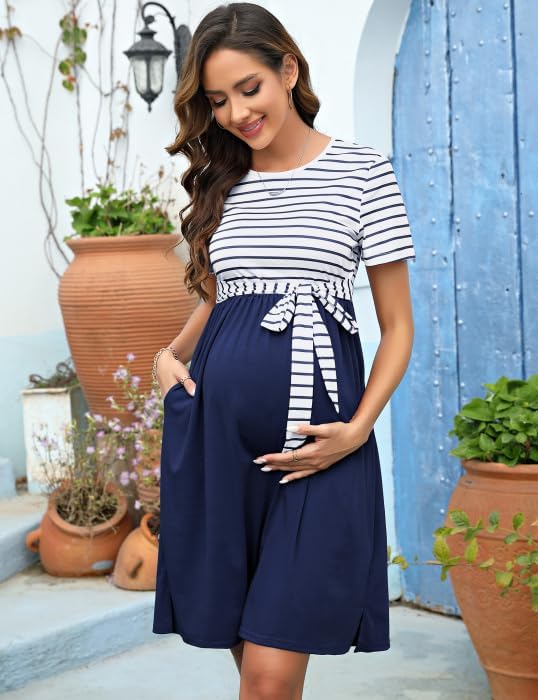 KOJOOIN Damen Umstandskleid Rundhalsausschnitt Gestreiftes Schwangerschaftskleid 3/4 Ärmel Casual Um