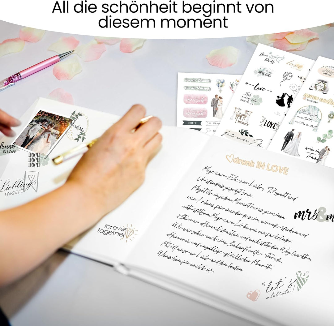 Hyggartn Gästebuch Hochzeit mit Stickern – Weisses Blanko Gästebuch 100 Seiten, Hochzeitsgästebuch &