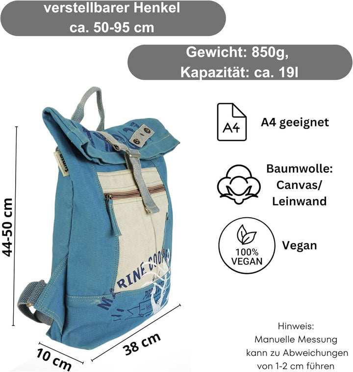 Sunsa Rucksack. XL Leinwand/Canvas Backpack. Rolltop Cityrucksack. Vegane Daypack in Maritim/Anker D