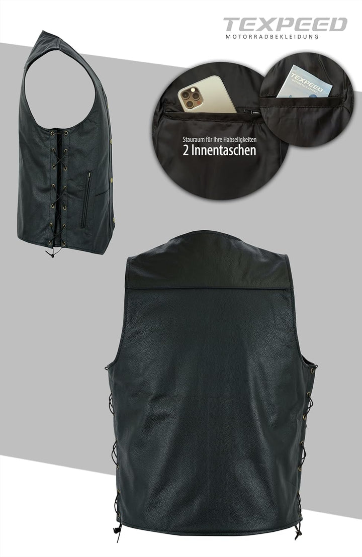 Texpeed motorrad leder weste herren - Chopper biker rocker lederweste - Reissverschlusstaschen mit g