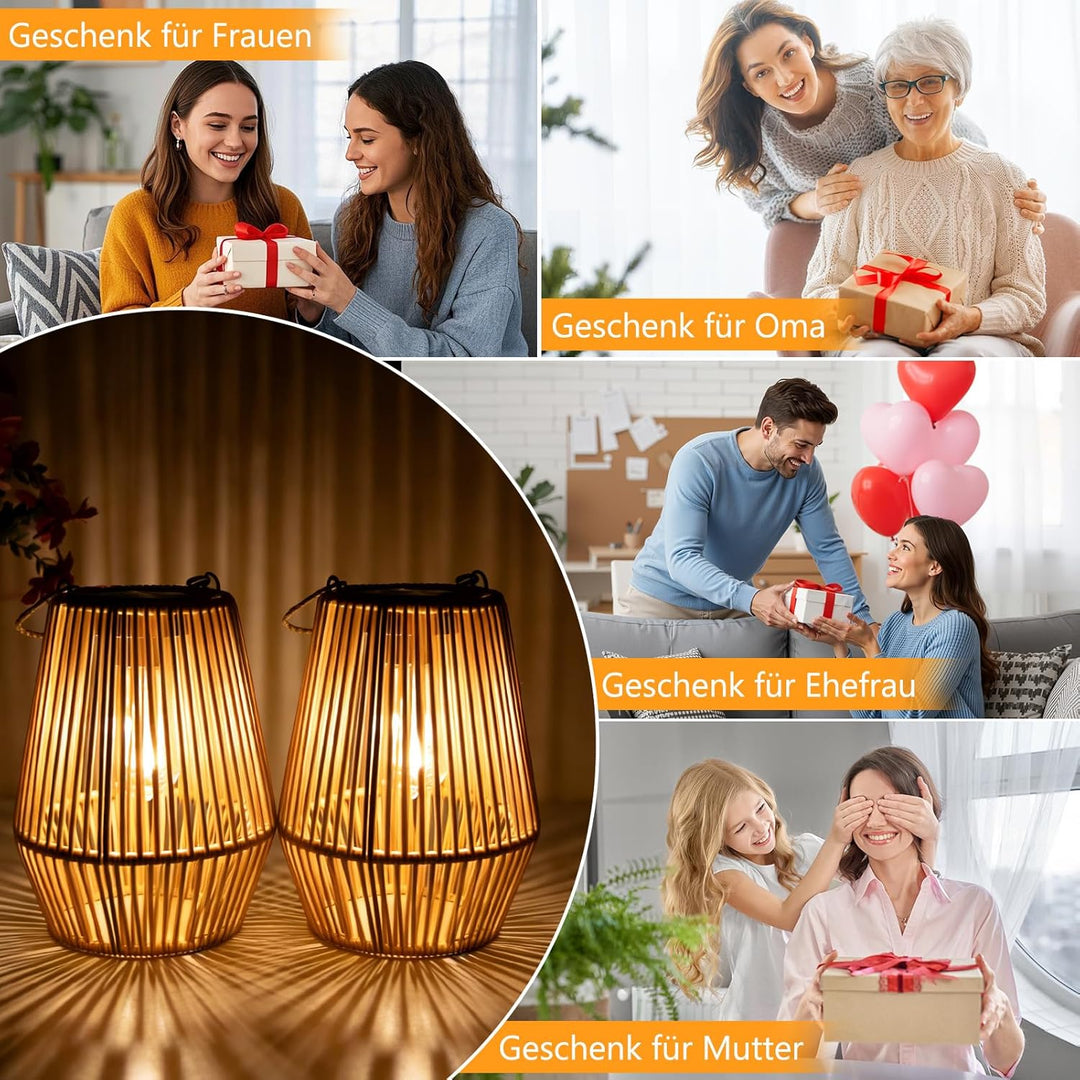 Solar Laternen für Aussen, 2 Stück Handgewebtes Rattan Solarlampen für Aussen Hängend, IP65 Wasserdi