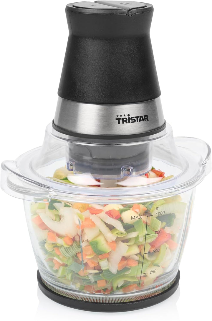 Tristar Zerkleinerer mit 1 L Glasbehälter, 4 Edelstahlklingen, 400 W Motor, Kompaktes Design, Spülma