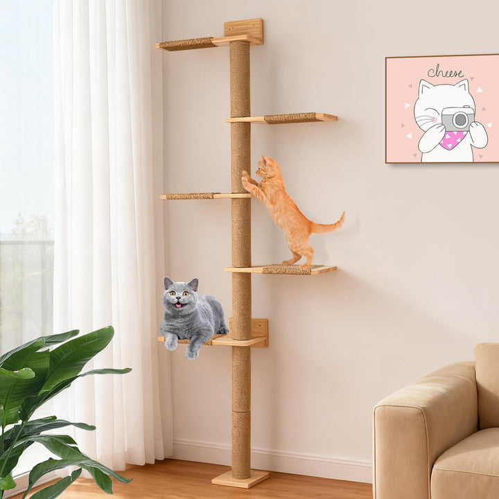 Kratzbaum Gross 205cm Kletterwand Katzen, höhenverstellbar, 5 Etagen Katzenturm mit Sisalauflage aus