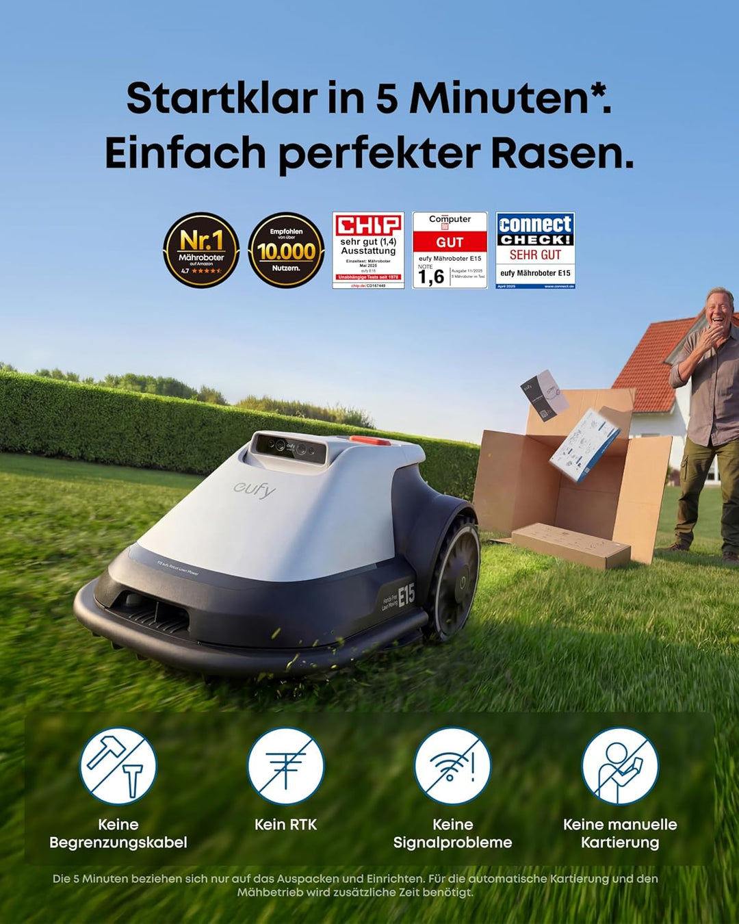 eufy E15 Mähroboter ohne Begrenzungskabel, Keine Signalausfälle, Kein RTK, TrueVision Technologie, S