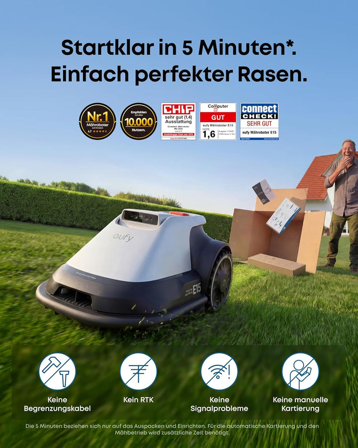 eufy E15 Mähroboter ohne Begrenzungskabel, Keine Signalausfälle, Kein RTK, TrueVision Technologie, S