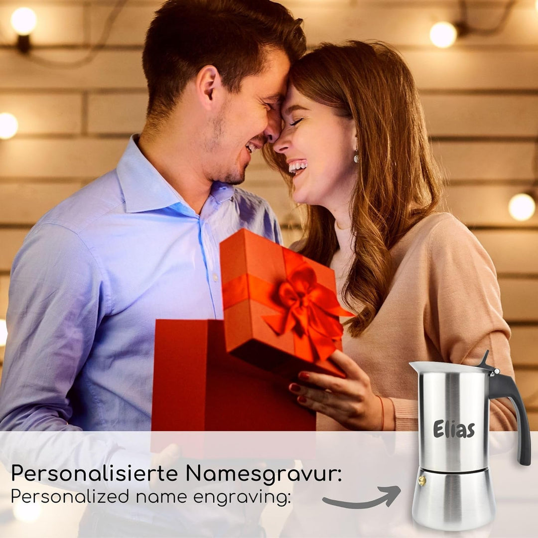 Milu Espressokocher mit Gravur (2 Cup No Induktion) | 2 4 6 9 Tassen| Edelstahl Mokkakanne, Espresso