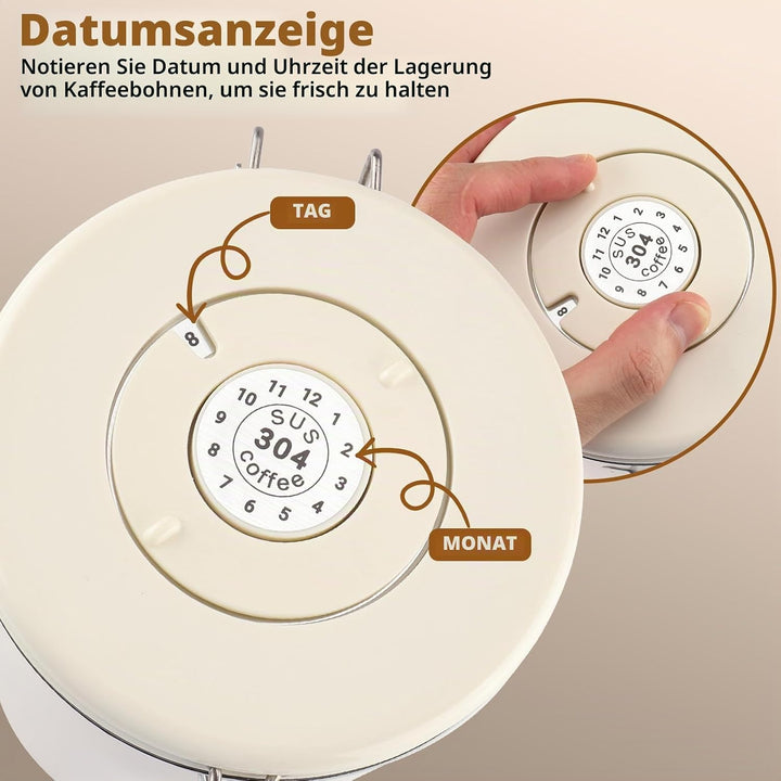 Kaffeedose Luftdicht Edelstahl 304, 1,8 L Kaffeebohnen Behälter Mit EdelstahllöFfel Und Zeiterfassun