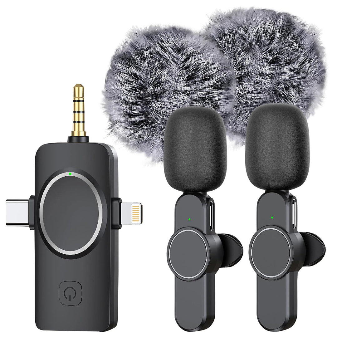 Callstel Funkmikrofon: 2er-Set Ansteck-Funk-Mikrofone, Akku, für USB-C, 8-PIN, 3,5-mm-Klinke (Smartp