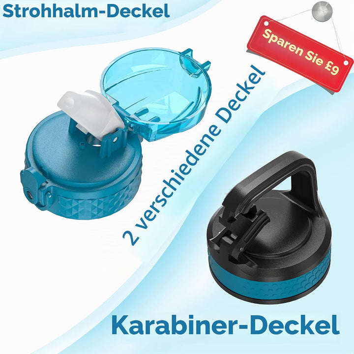 OLDLEY 500ml Kinder Edelstahl Wasserflasche mit Stroh für Schule mit 2 verschiedenen Deckeln, Metall