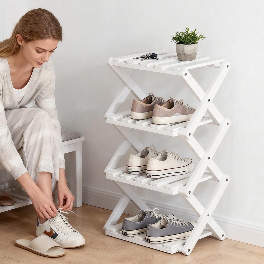CEWROM Kleines Schuhregal, Vertikaler Schuhhalter aus Bambus, Schuh-Organizer, Multifunktionales sch
