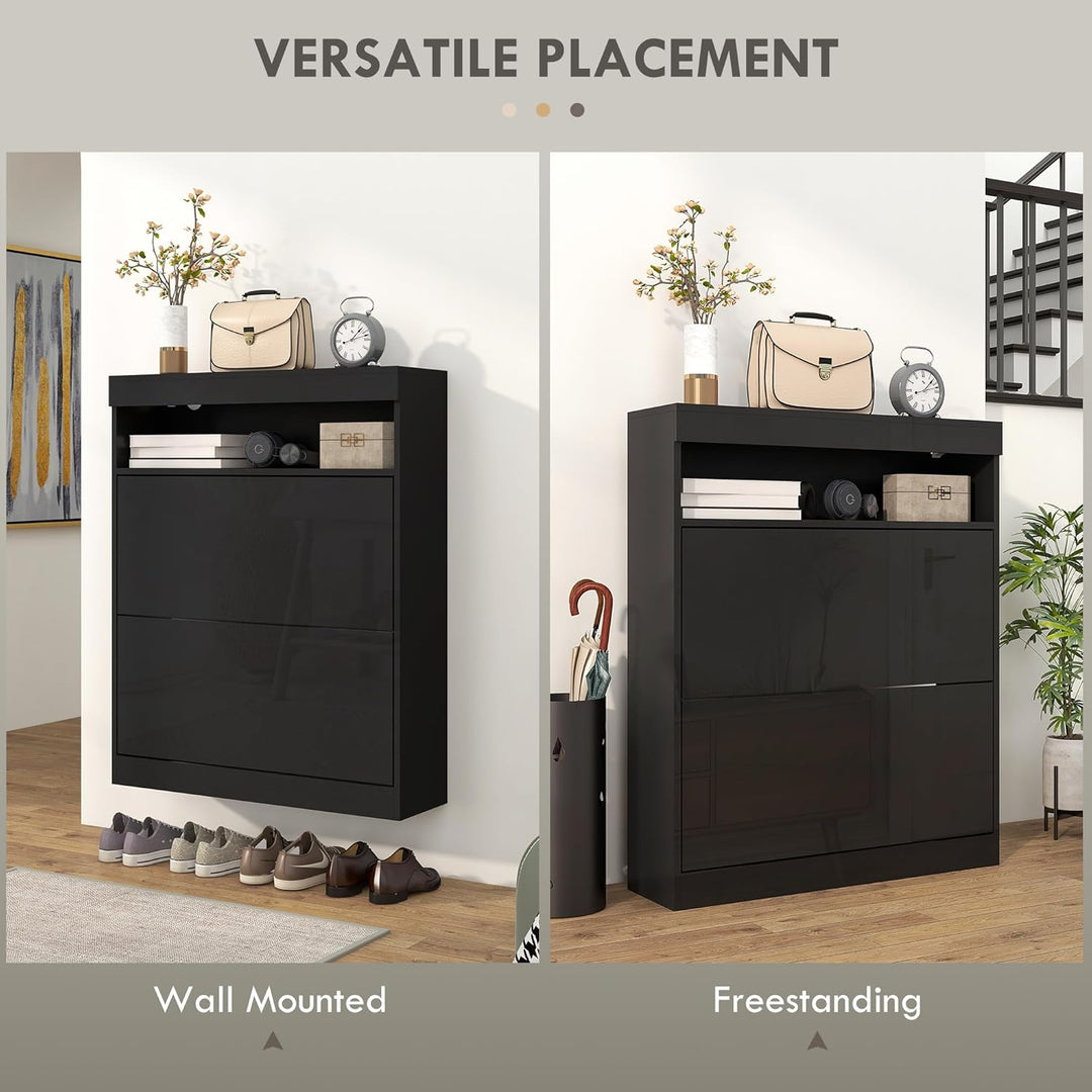 HOMCOM Schmaler Schuhschrank, Wandmontage oder freistehender Schuhschrank mit 2 Klappschubladen und