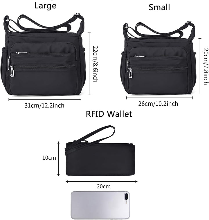 NOTAG Umhängetasche Damen, Wasserdicht Nylon Schultertasche Mehrfachtasche Handtasche mit RFID Geldb