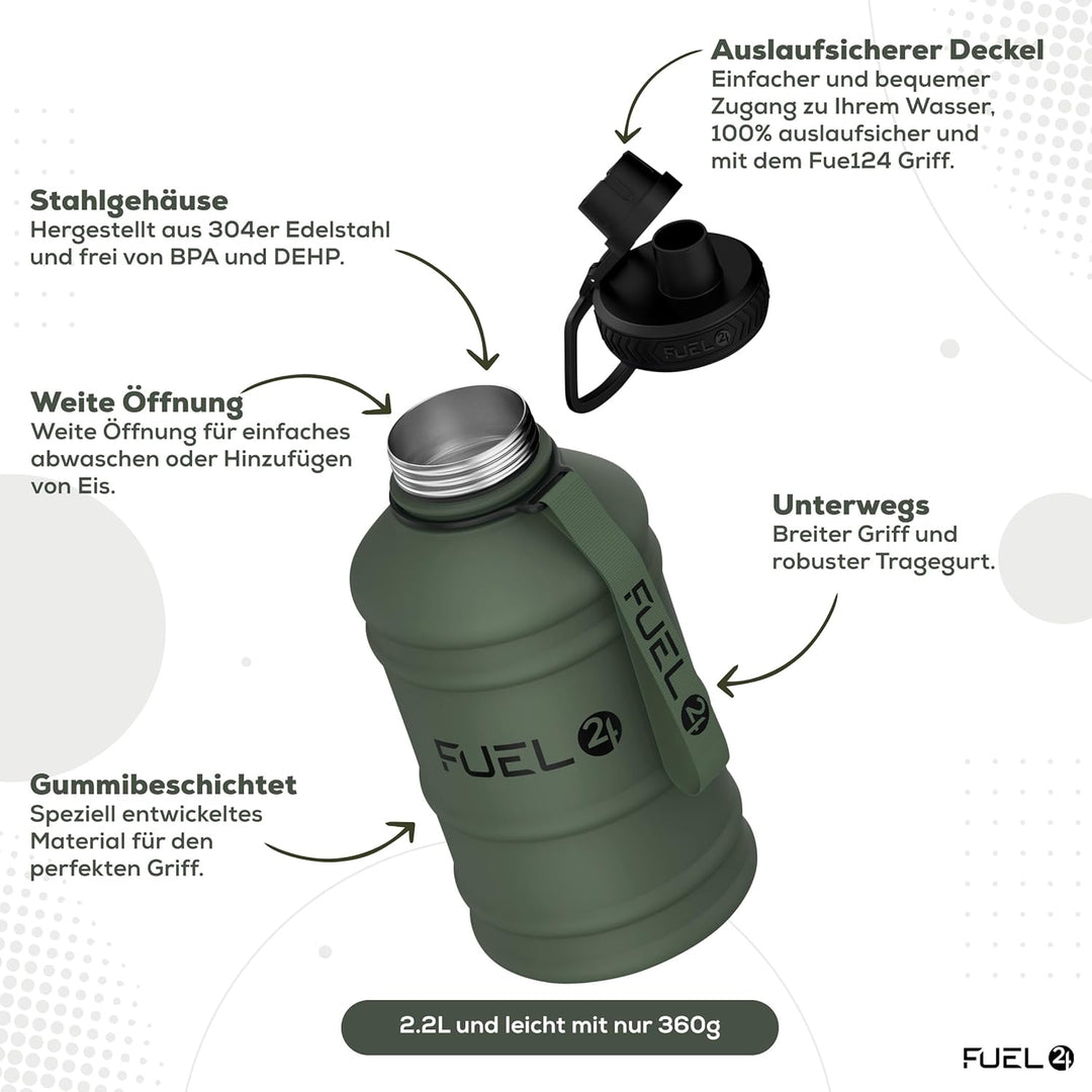 Fuel24 Extra Stark Trinkflasche Edelstahl Metall 1.3L & 2.2L - Auslaufsicher & BPA-Frei Wasserflasch