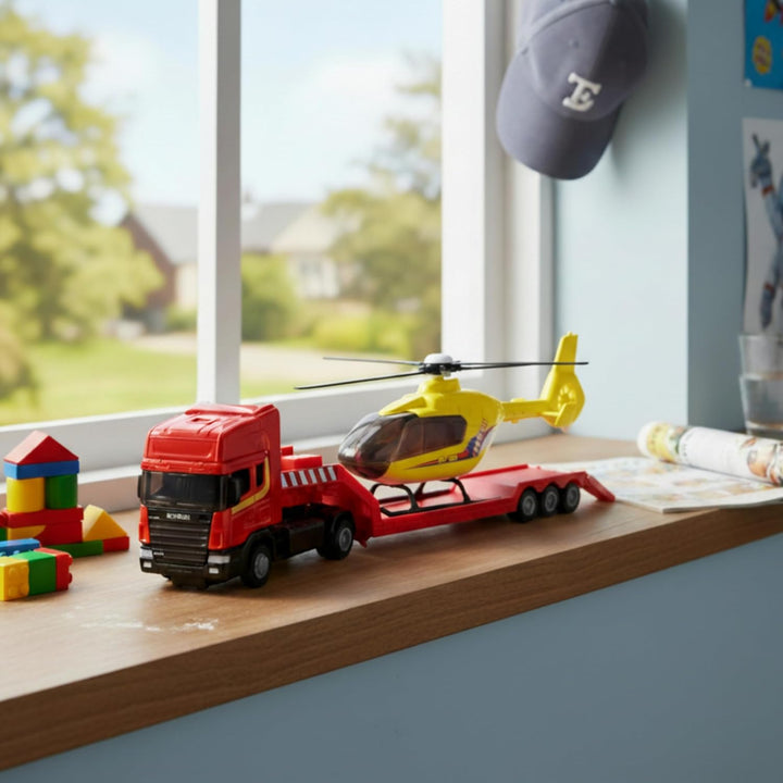 Toyland® Scania Pritschenschlepper mit Hubschrauber - Massstab 1:48 - Freilauf - Transportspielzeugs
