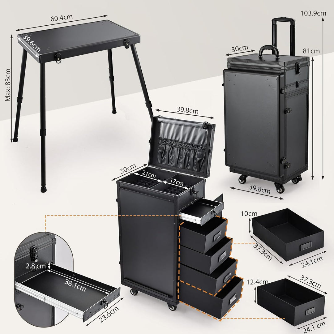 Kosmetik Trolley mit Tisch und 5 Schubladen Professioneller Nagelkoffer mit Rollen Kosmetikkoffer Ma