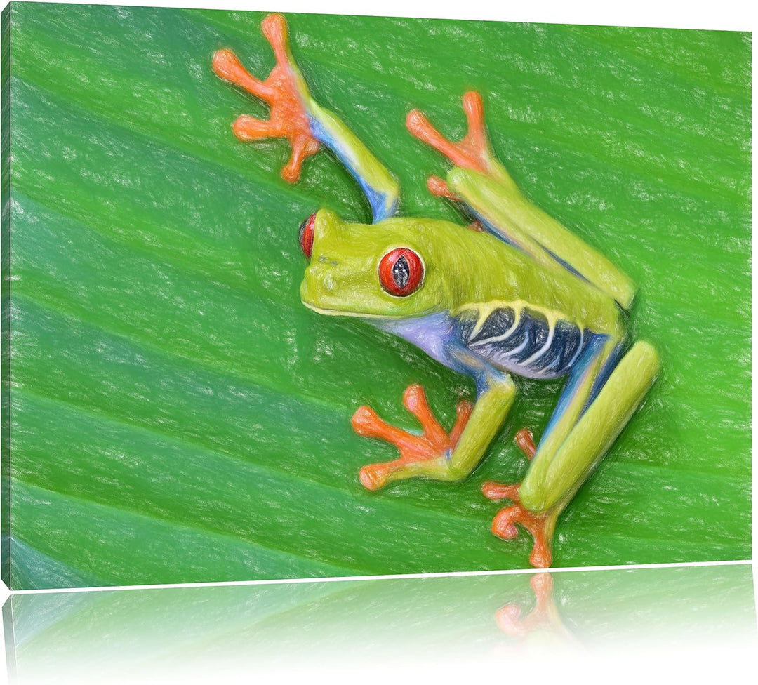 Pixxprint Kleiner Frosch auf Blatt als Leinwandbild/Grösse: 100x70 / Wandbild/Kunstdruck/fertig besp