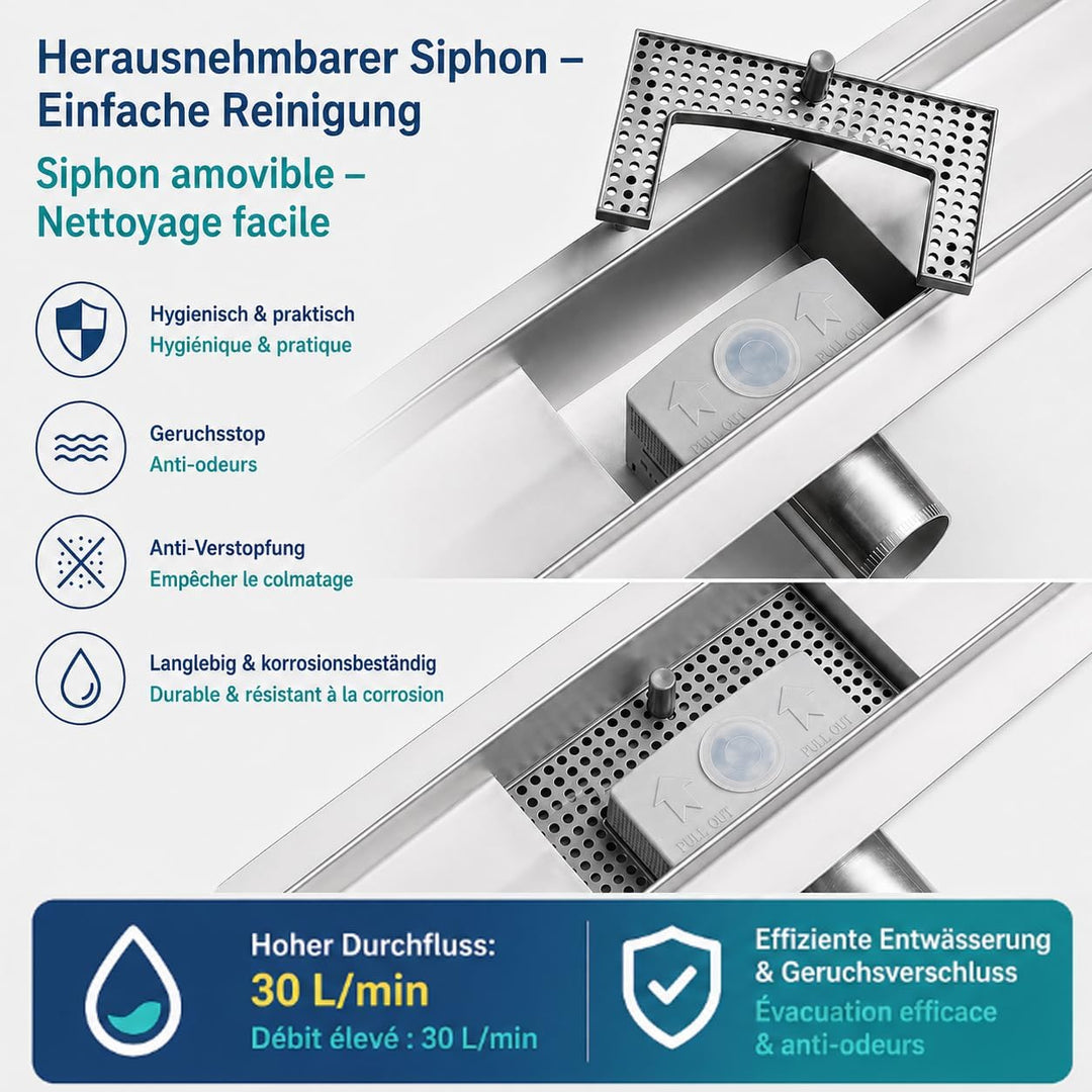 Duschrinne 40 cm Komplettset, Edelstahl 304 Ablaufrinne, Extra Flache befliesbare Duschrinne mit Haa
