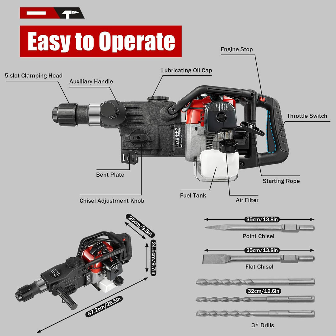 1200W Abbruchhammer Benzin,Stemmhammer Meisselhammer,Stemmhammer Meisselhammer,2-Takt Motor,32.6 cc,