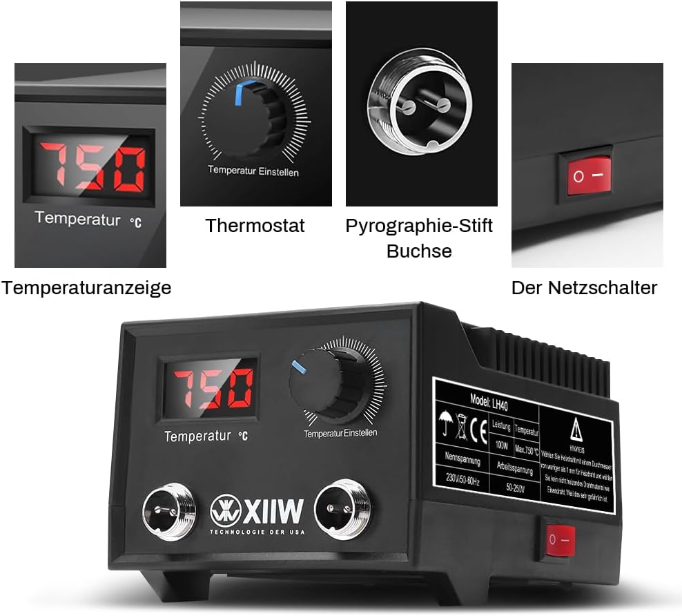 Pyrography Machine, 100W Holzbrenner Set mit 2 Stiften und 33 Tlg Drahtspitzen, Brandmalstation Bren