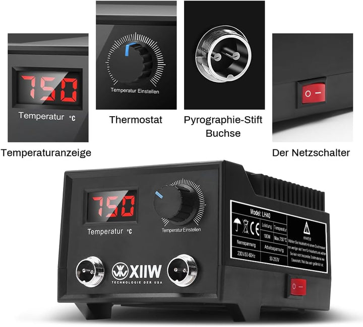Pyrography Machine, 100W Holzbrenner Set mit 2 Stiften und 33 Tlg Drahtspitzen, Brandmalstation Bren