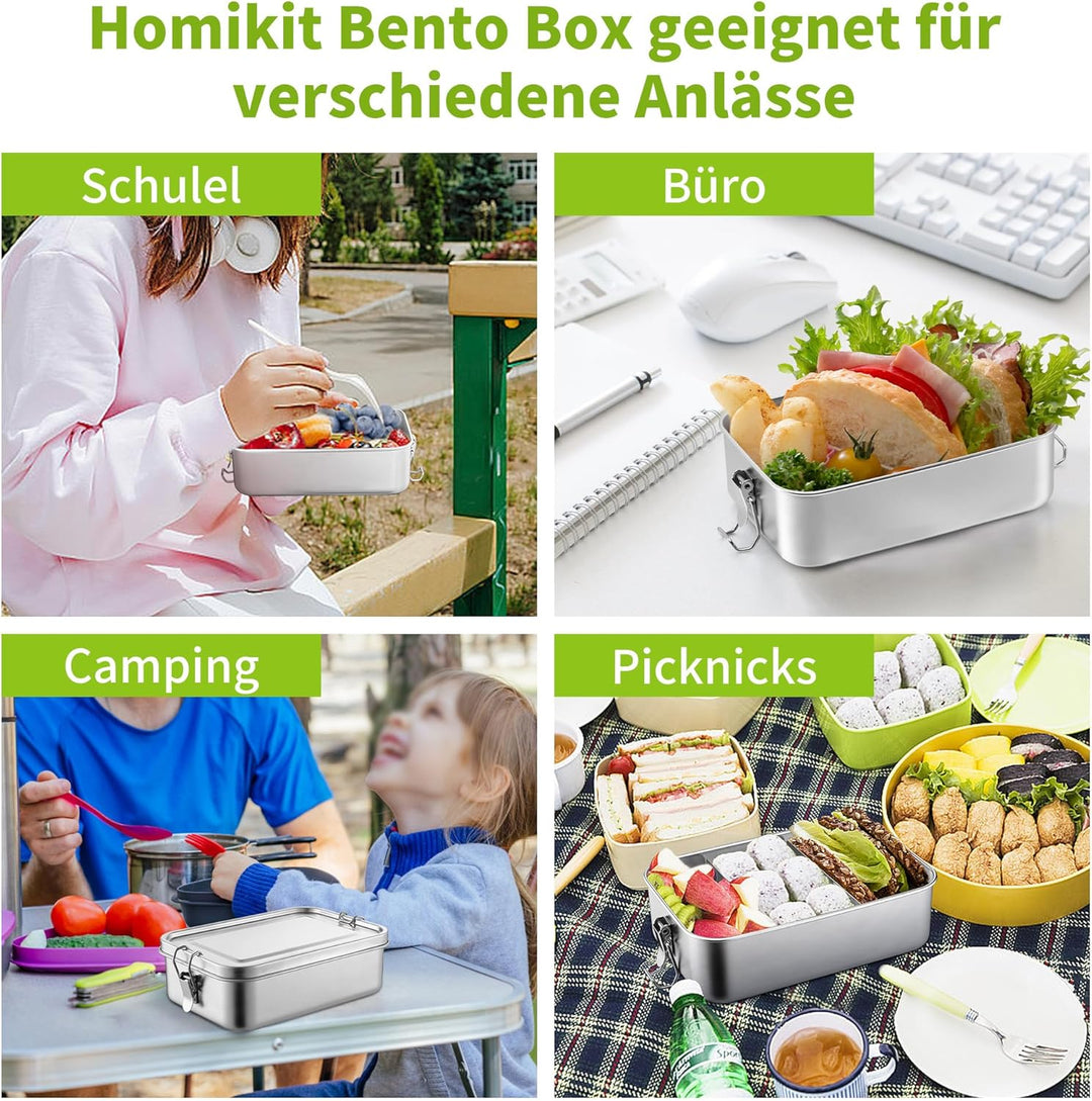 Homikit Edelstahl Brotdose mit 2 Fächern, 1400ml Bento Box mit Tasche für Kinder und Erwachsene, Aus