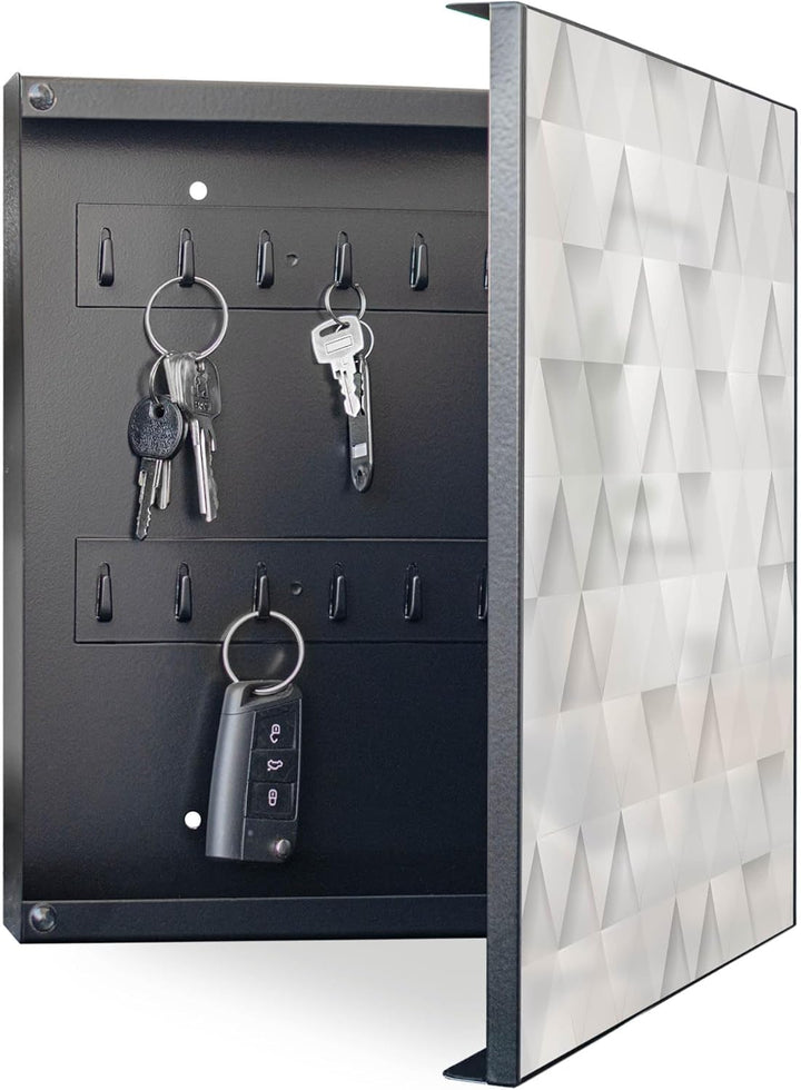 banjado® Grosser Schlüsselkasten Glas/Schlüsselbox 30cm x 30cm mit 50 Haken - Motiv Weisse Dreiecke/