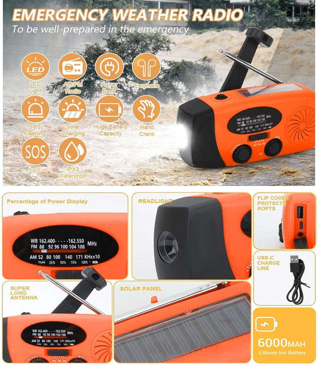 Walfront Kurbelradio Wetterradio, Tragbares Notfallradio mit Kurbel und Solar mit 6000 mAh Powerbank