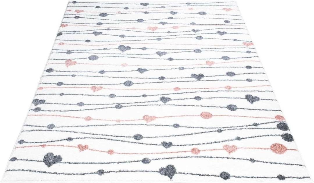 carpet city Teppich Kinderzimmer Herzen - Creme - 160x230 cm - Kinderteppich Kurzflor mit Punkten, S