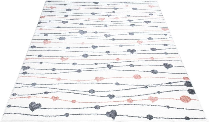 carpet city Teppich Kinderzimmer Herzen - Creme - 160x230 cm - Kinderteppich Kurzflor mit Punkten, S