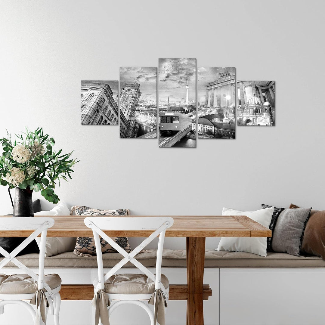 Runa Art Wandbilder Berlin 5 Teilig Bild auf Vlies Leinwand Deko Büro Wohnzimmer Stadt Schwarz Weiss