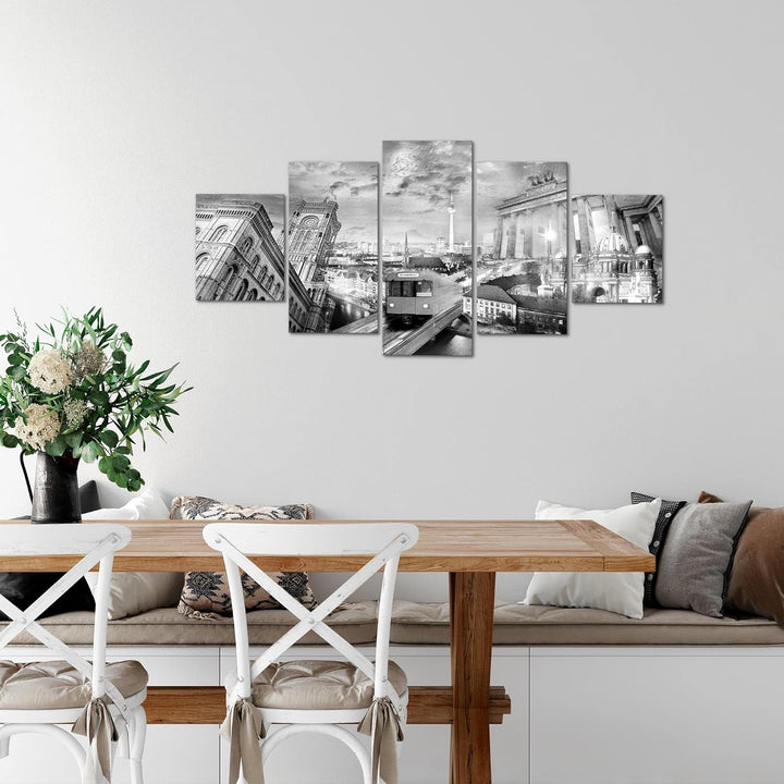 Runa Art Wandbilder Berlin 5 Teilig Bild auf Vlies Leinwand Deko Büro Wohnzimmer Stadt Schwarz Weiss