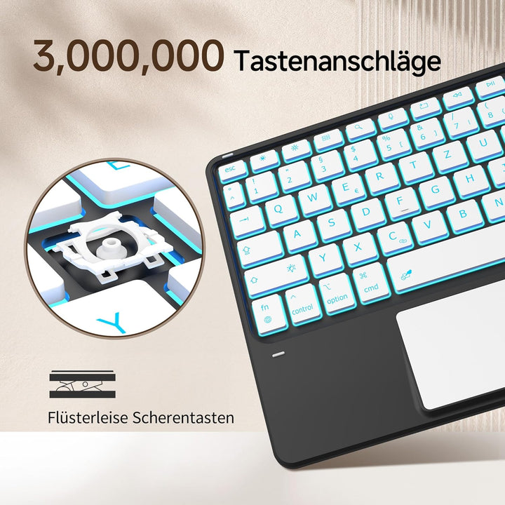 CACOE Bluetooth Tastatur mit Touchpad, Kabellose mit 7 Farben Beleuchtete | QWERTZ Tastatur Kompatib