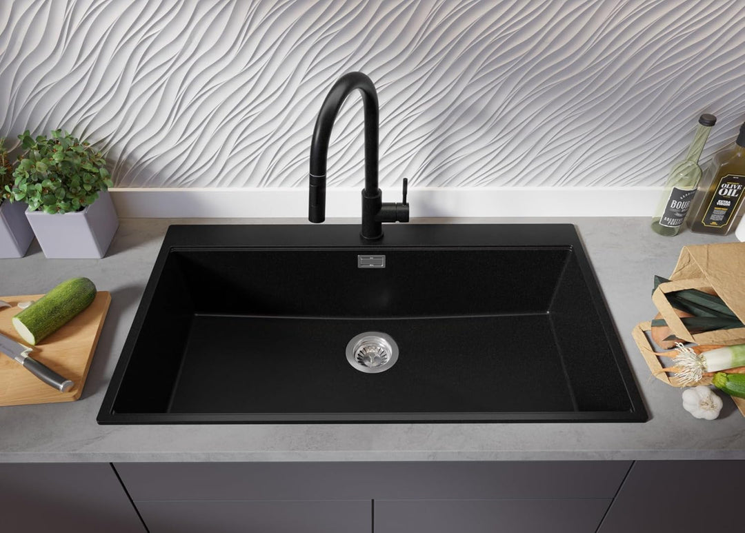 Granitspüle Schwarz 90x50 cm, Spülbecken + Ablauf-Set + Küchenarmatur 9050, Küchenspüle für 90er Unt