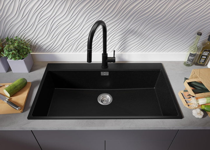 Spülbecken Schwarz 88x50cm, Granitspüle 1 Becken + Ablauf-Set + Schneidebrett, Küchenspüle ab 90er U