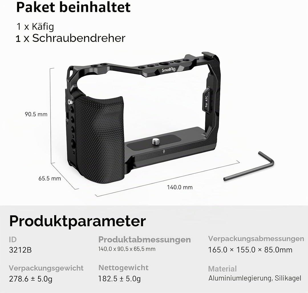 SMALLRIG Full Cage für Sony A7C, Käfig mit Silikon Griff und Cold Shoe Mount - 3212B