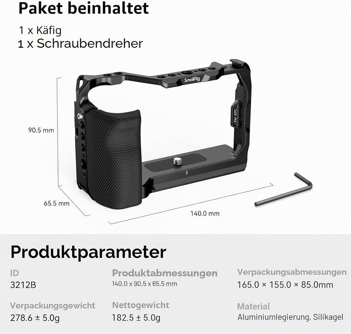 SMALLRIG Full Cage für Sony A7C, Käfig mit Silikon Griff und Cold Shoe Mount - 3212B
