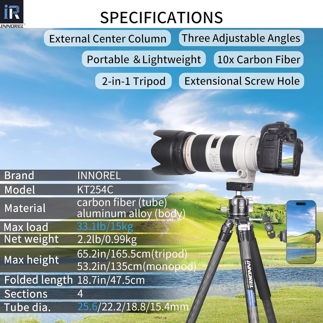 INNOREL KT254C Kohlefaser-Stativ für DSLR-Kamera, sehr professionell, tragbar, strapazierfähig, komp