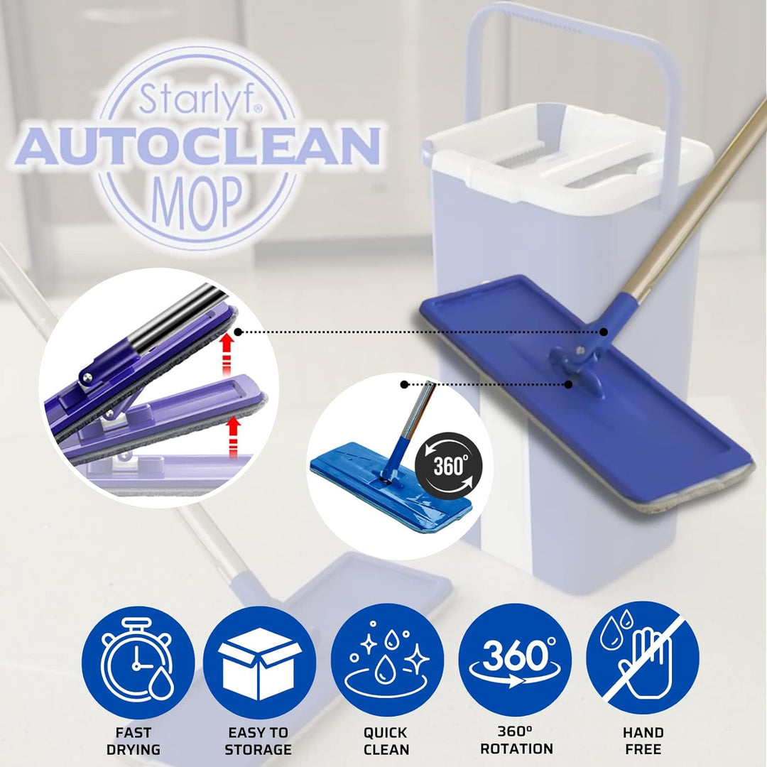 STARLYF Autoclean Mop Set mit Eimer und Mopp + 3 Mikrofasertücher, Doppelfach, trocken/nass, alle Ar