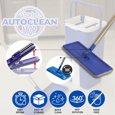 STARLYF Autoclean Mop Set mit Eimer und Mopp + 3 Mikrofasertücher, Doppelfach, trocken/nass, alle Ar