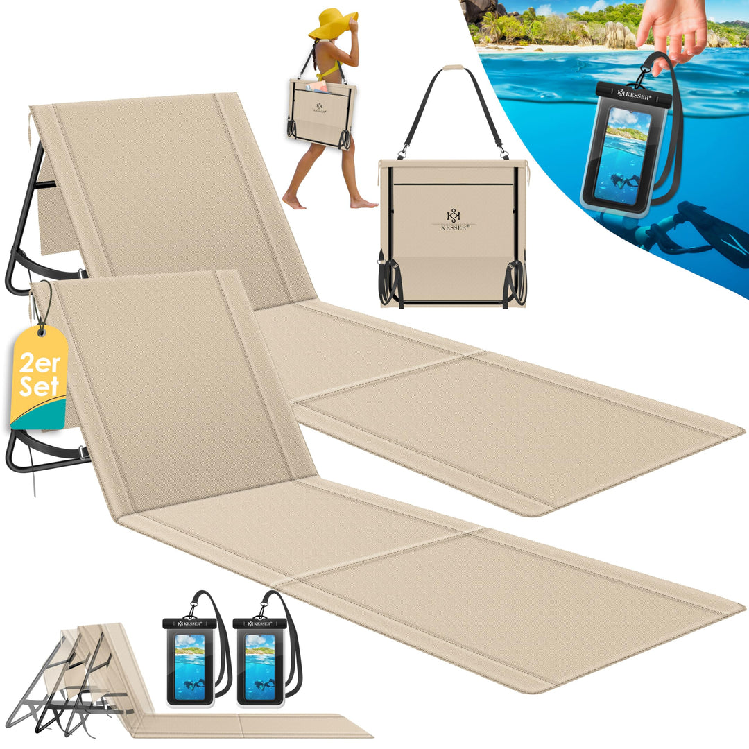 KESSER® 2er Set Strandmatte klappbar mit Verstellbarer Rückenlehne, Tragegurt, wasserdichter Tasche