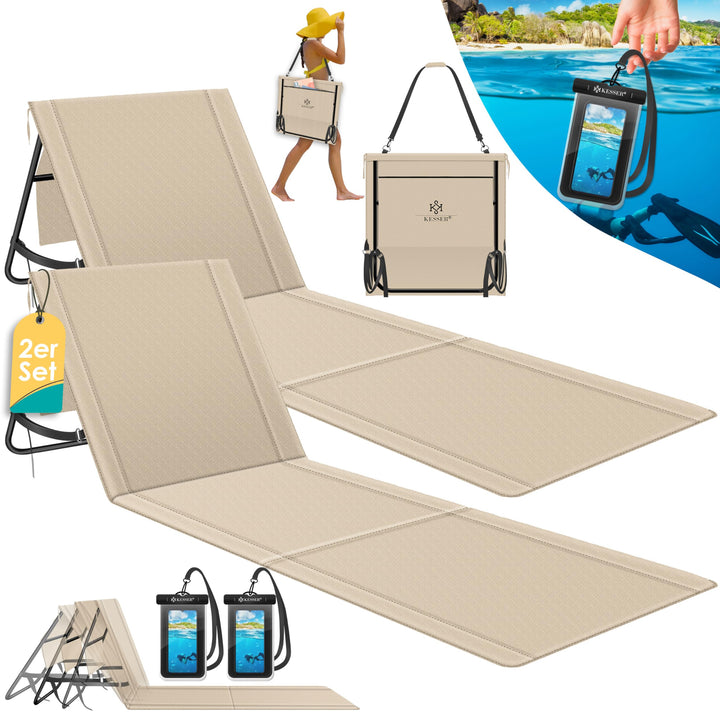 KESSER® 2er Set Strandmatte klappbar mit Verstellbarer Rückenlehne, Tragegurt, wasserdichter Tasche