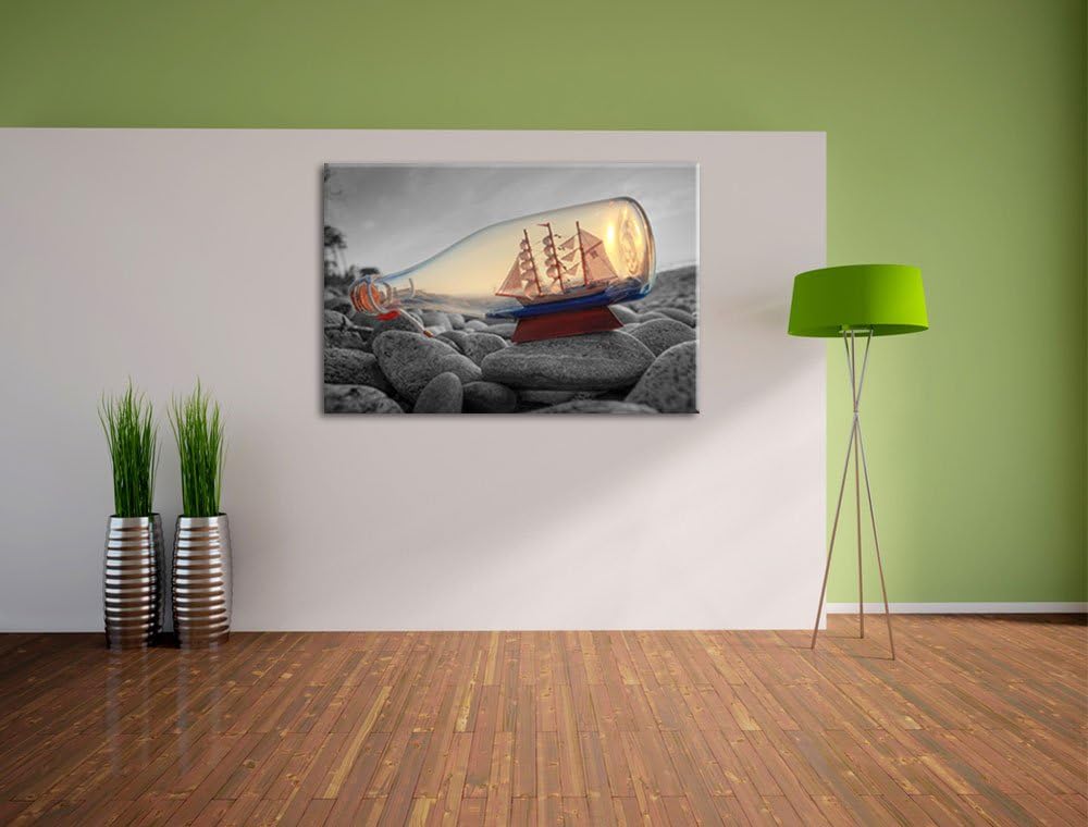Schiff in Flasche am Steinstrand schwarz/weiss Format: 100x70 auf Leinwand, XXL riesige Bilder ferti