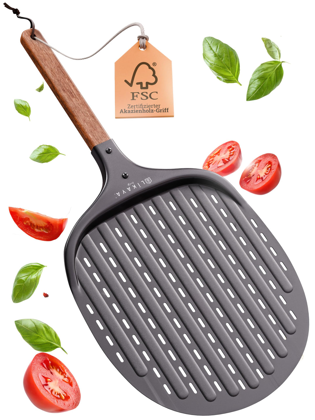 Pizzaschieber [32 x 32 x 62cm] Pizzaschaufel aus schwarzem Aluminium & Griff aus FSC-Akazienholz – K
