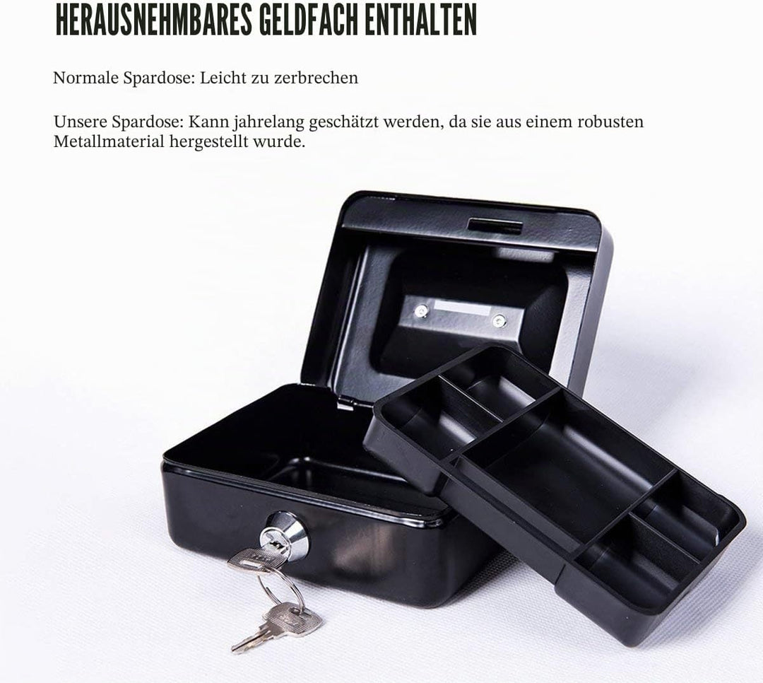Kleine Geldkassette mit Tastensperre, tragbare Metall-Spardose mit Doppelschicht und 2 Schlüsseln fü
