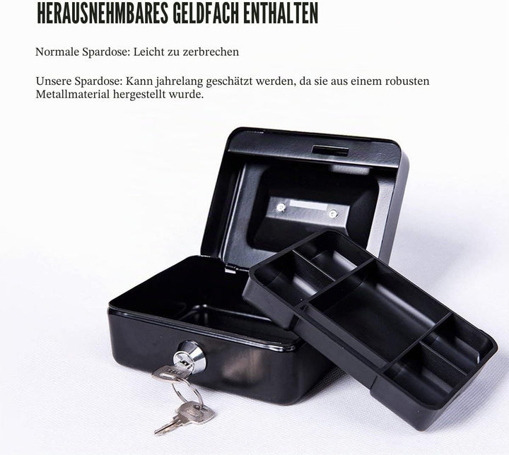 Kleine Geldkassette mit Tastensperre, tragbare Metall-Spardose mit Doppelschicht und 2 Schlüsseln fü