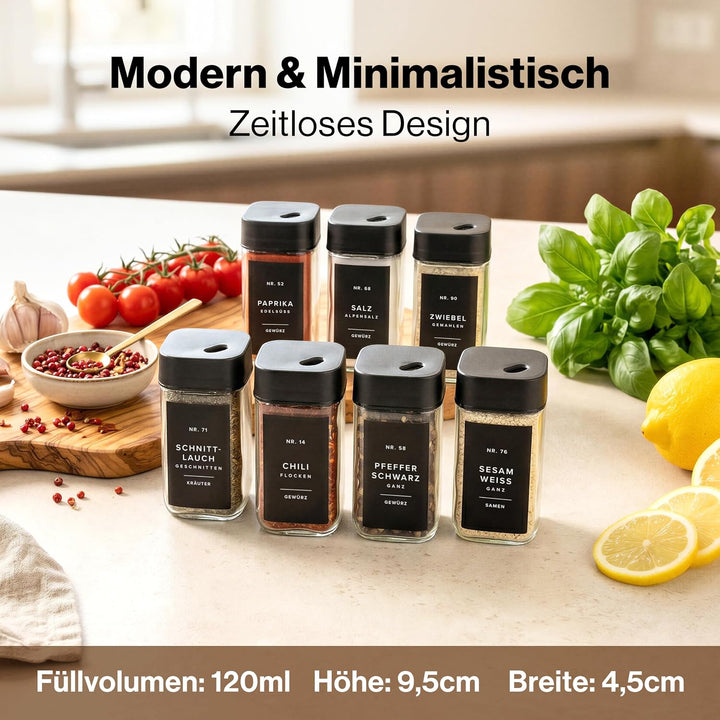 EDELHAUS Gewürzgläser Eckig Set mit Schwarzem Verstellbarerem Deckel (24 x 120ml) Gewürzstreuer mit