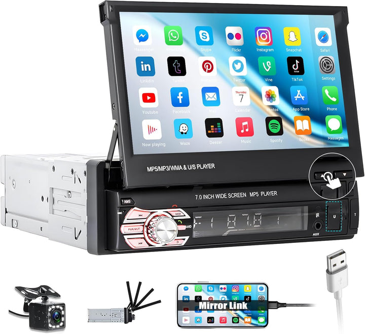 CAMECHO Autoradio Bluetooth 1 Din 7 Zoll Motorisierte Ausfahrbarem Display, Autoradio mit Bildschirm