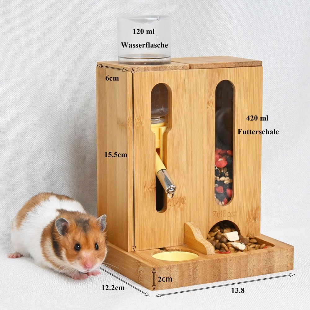 Verstellbare Hamster Futterstation aus Bambus, 2-in-1 Futternapfhalter mit Wasserflaschenständer, fü